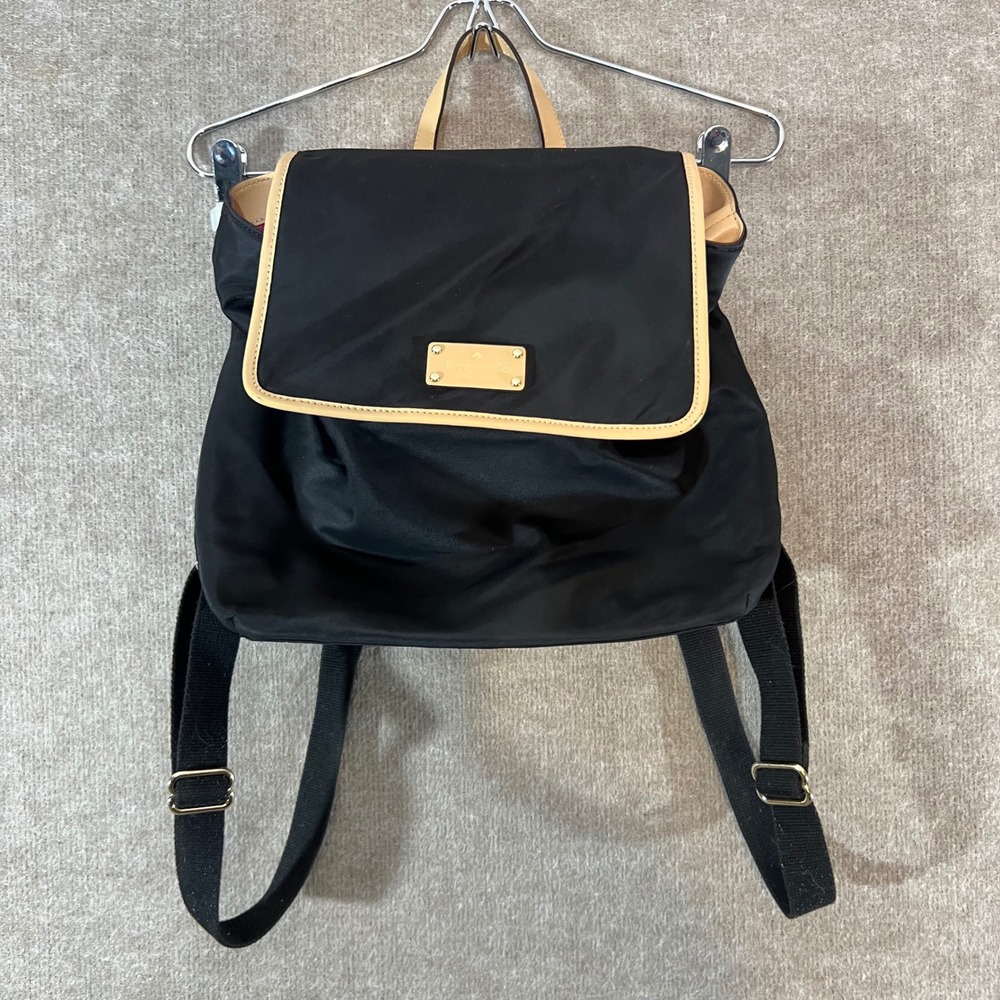 Kate Spade Kennedy Park Neko Backpack Black Nylon Tan Leather Trim Gold Hardware